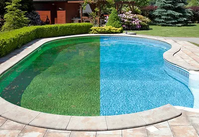 Green pool before treatment and clean water after in Jacksonville, FL