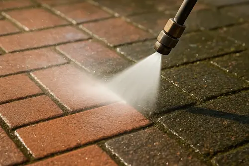 Technician rinsing screened pool enclosure after pressure washing